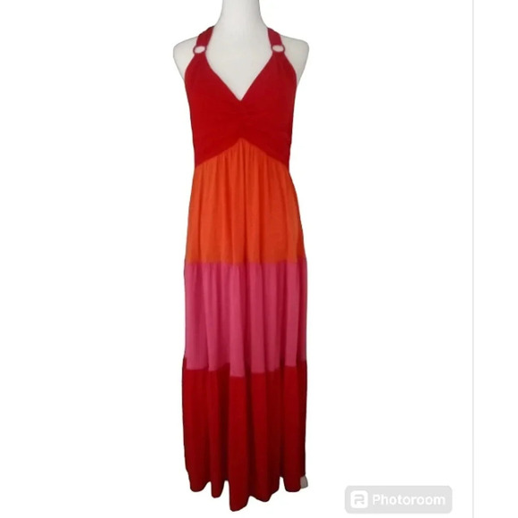 Muse Dresses & Skirts - Muse Multicolor Tiered‎ Halter Style Maxi Dress Stretchy Red Orange Pink Size 12